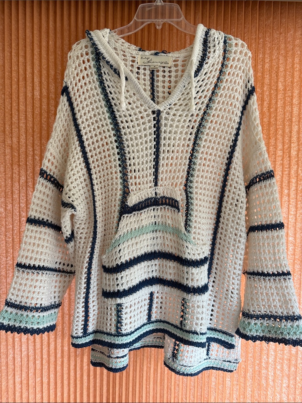 💙3 for $55💙 Vintage Havana Knit Hooded Baja Sweater with Navy & Aqua Stripes